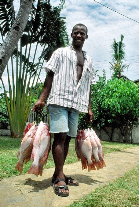 Pêcheur qui tient des grappes de poissons